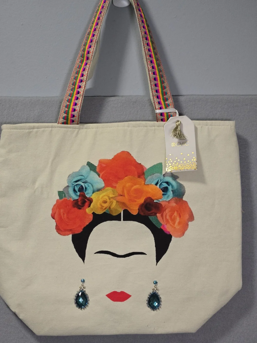 Frida Inspired Colorful Fabric Tote Modern Classic 2 Chic With Earring Accents